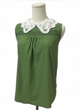 Old Fashion Green Embroidered Sleeveless Blouse Peter Pan Collar Fairy Large